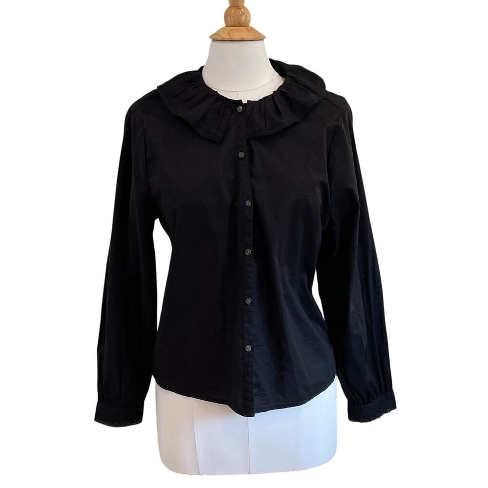 Old Navy Black Button Down Shirt Lace Peter Pan Round Collar, Minimalist, M